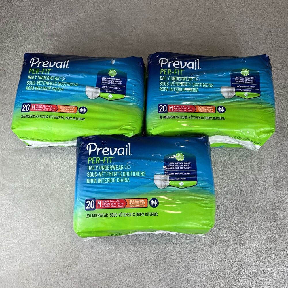 Prevail Per-Fit Adult Unisex Underwear Medium 3 Bags Of 20 (60 Ct) New Sealed